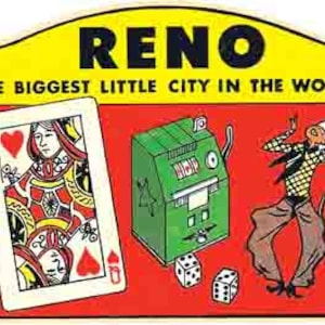 Vintage  1950's style   Reno NV  Nevada   casino  retro  travel decal  sticker state map