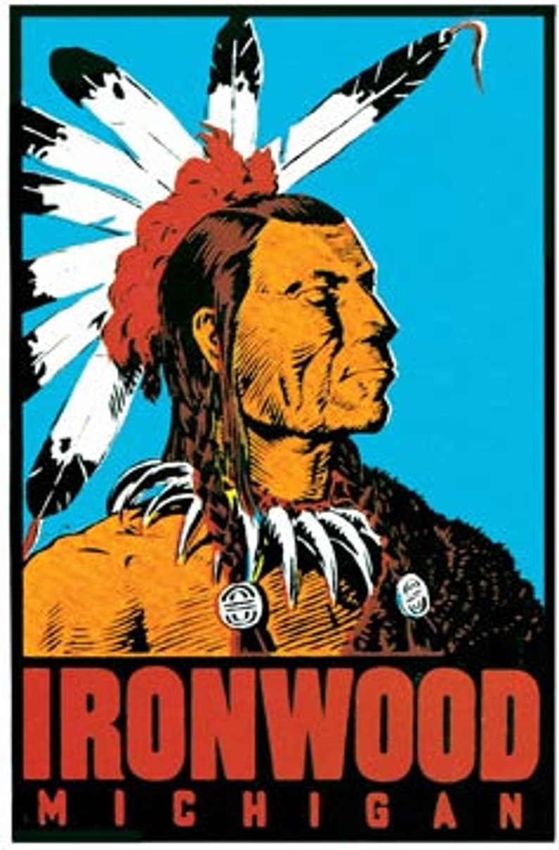 Vintage 1950's Style Ironwood MI Michigan Indian Chief Map Etsy