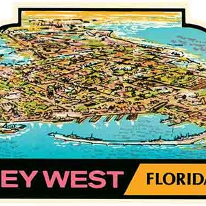 vintage années 1950 style Florida Keys Key West Aerial View US Navy Largo Marathon Islamorada rétro Voyage autocollant autocollant carte de l'état