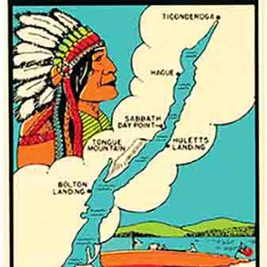May include: Vintage travel poster for Lake George, New York, featuring a Native American in a headdress, a map of the lake with labeled locations, and the text "LAKE GEORGE" and "NEW YORK" in red.
