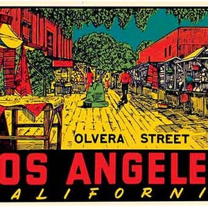 May include: Vintage postcard illustration of Olvera Street in Los Angeles, California. The image shows a bustling street scene with shops and vendors, and the text "Olvera Street" and "Los Angeles, California" is printed on the postcard.