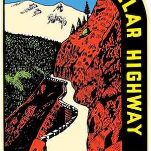 Puede incluir: Un póster de viaje vintage de la carretera Million Dollar en Colorado. El póster presenta una carretera sinuosa a través de un paso de montaña, con el texto "MILLION DOLLAR HIGHWAY" y "COLORADO". La paleta de colores incluye rojo, amarillo, negro, blanco y azul.