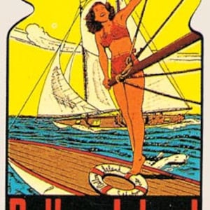 May include: A vintage travel poster featuring a woman in a swimsuit standing on a sailboat with the text "Balboa Island California" in red and white letters.