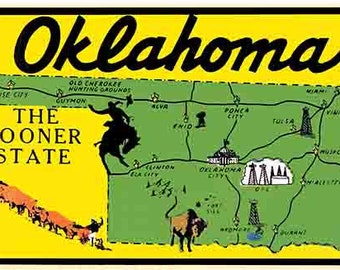 Vintage estilo años 50 Oklahoma City Tulsa The Sooner State Cowboy Oil Wells retro viaje calcomanía pegatina mapa estatal