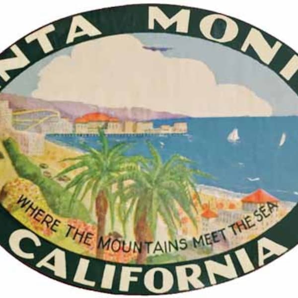 Vintage  1960's style    CA California  Santa Monica Beach oval     retro  travel decal  sticker state map