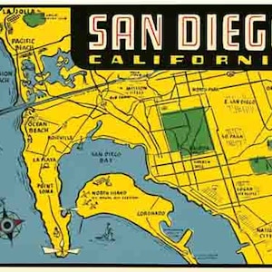 Vintage  1950's style  San Diego California  CA  street map  retro  travel decal  sticker state