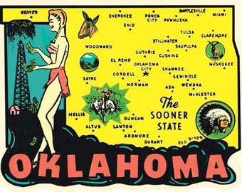 Vintage  1950's style  OK  Oklahoma  Sooner State    retro  travel decal  sticker state map