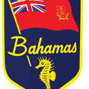 May include: A blue shield with a yellow border and the word "Bahamas" in yellow lettering. A red flag with a Union Jack and a smaller red flag with a crest is flying from a pole. A yellow seahorse is at the bottom of the shield.