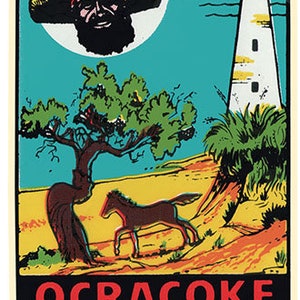 Style vintage des années 1950, Okracoke Island, Caroline du Nord, phare des Outer Banks en Caroline du Nord, autocollant de voyage rétro, carte de l'état