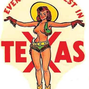 Vintage  1950's style  Texas  pin-up girl    Dallas Houston Austin El Paso    retro  travel decal  sticker state map