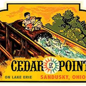 May include: Vintage Cedar Point amusement park logo with a yellow background and a cartoon image of three people riding a water ride. The text reads "Cedar Point" with a smaller logo that says "On Lake Erie Sandusky, Ohio".