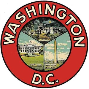 Vintage jaren 1950 stijl Washington DC cirkel retro reis sticker staat kaart