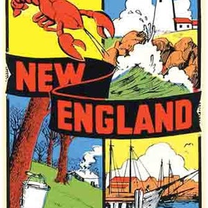 May include: A vintage travel sticker with a red lobster, a lighthouse, a sailboat, and the text "NEW ENGLAND".