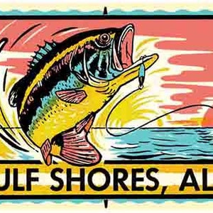 Vintage 1950er Jahre Stil Gulf Shores AL Alabama Orange Strand Golf von Mexiko Angeln retro Reise Aufkleber Aufkleber State Map