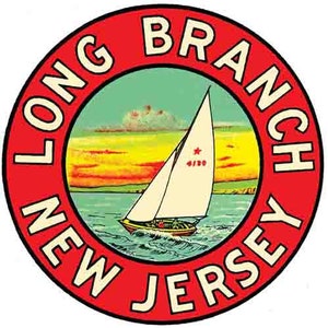 May include: A red and white circular sticker with the text "LONG BRANCH NEW JERSEY" in a white circle with a sailboat on a blue and green background.