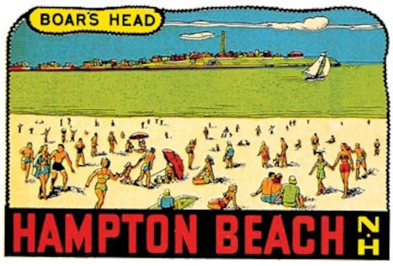 May include: A vintage postcard depicting a beach scene with people swimming, sunbathing, and playing in the sand. The postcard features a blue sky, a green grassy area, and a sailboat in the distance. The text "BOAR'S HEAD" and "HAMPTON BEACH N.H." is printed on the postcard.