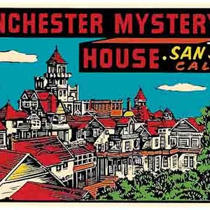 Adesivo da viaggio retrò in stile anni '50 Winchester Mystery House San Jose California CA mappa dello stato