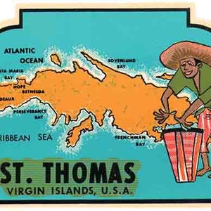 Estilo vintage dos anos 1950 St. Thomas USVI Ilhas Virgens dos EUA mergulho vela Caribe retro viagem decalque adesivo mapa do estado
