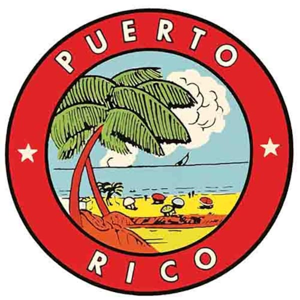 Vintage  1950's style  Puerto Rico  San Juan  round beaches        retro  travel decal  sticker state map