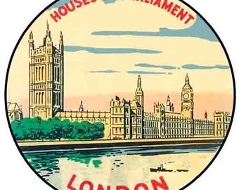 May include: A vintage postcard featuring a colorful illustration of the Houses of Parliament in London, England. The postcard has a yellow background with blue clouds and the text "Houses of Parliament" and "London" in red.