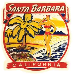 Puede incluir: Pegatina de viaje vintage con una mujer en bikini rojo de pie en una playa con palmeras y el texto "Santa Barbara California".