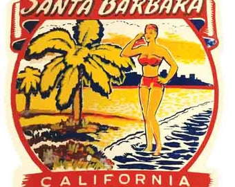 Vintage  1950's style  Santa Barbara  California  CA       retro  travel decal  sticker state map