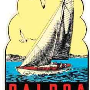 May include: Vintage travel sticker featuring a sailboat on the water with two seagulls flying overhead. The sticker has a yellow background with a blue sky and a blue ocean. The text "BALBOA CALIFORNIA" is printed in red and black letters.