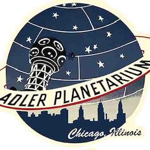 Calcomanía de viaje retro estilo años 60 del Planetario Adler de Chicago, Illinois, mapa del estado de Illinois