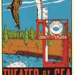 Vintage 1950 estilo Teatro del mar Florida Cayos espectáculo delfín Islamorada Key Largo West retro viaje etiqueta engomada mapa del estado