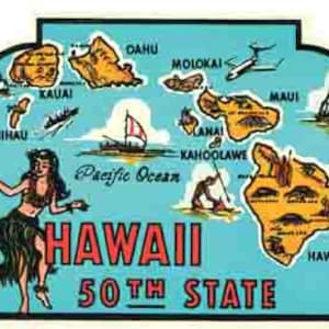 vintage 1950 style Hawaii The 50th State Islands Map Maui Kauai rétro travel decal sticker state map