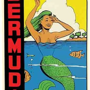 May include: A vintage travel sticker featuring a mermaid with green hair and a green tail, swimming in blue water. The sticker has the word "BERMUDA" in red letters on the left side.