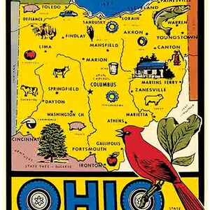 Vintage estilo años 50 Ohio Cleveland Cincinnati Lake Erie retro viaje calcomanía pegatina mapa estatal