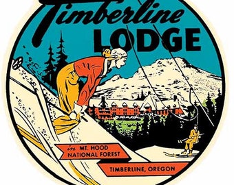 Vintage estilo de 1950 Timberline Lodge ORegón El esquí de nieve brillante retro de viaje calcomanía pegatina mapa estatal