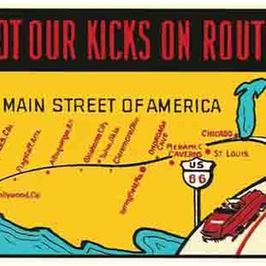 Vintage 1950's Route 66 We Got Our Kicks Main Street Of America retro travel calcomanía mapa del estado
