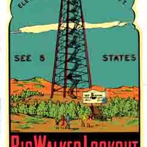 May include: A vintage postcard illustration of a tall metal tower with a lookout platform. The tower is located on a hilltop with trees and a blue sky with clouds. The text on the postcard reads "Big Walker Lookout Virginia" and "Elevation 3405 ft. See 5 States".