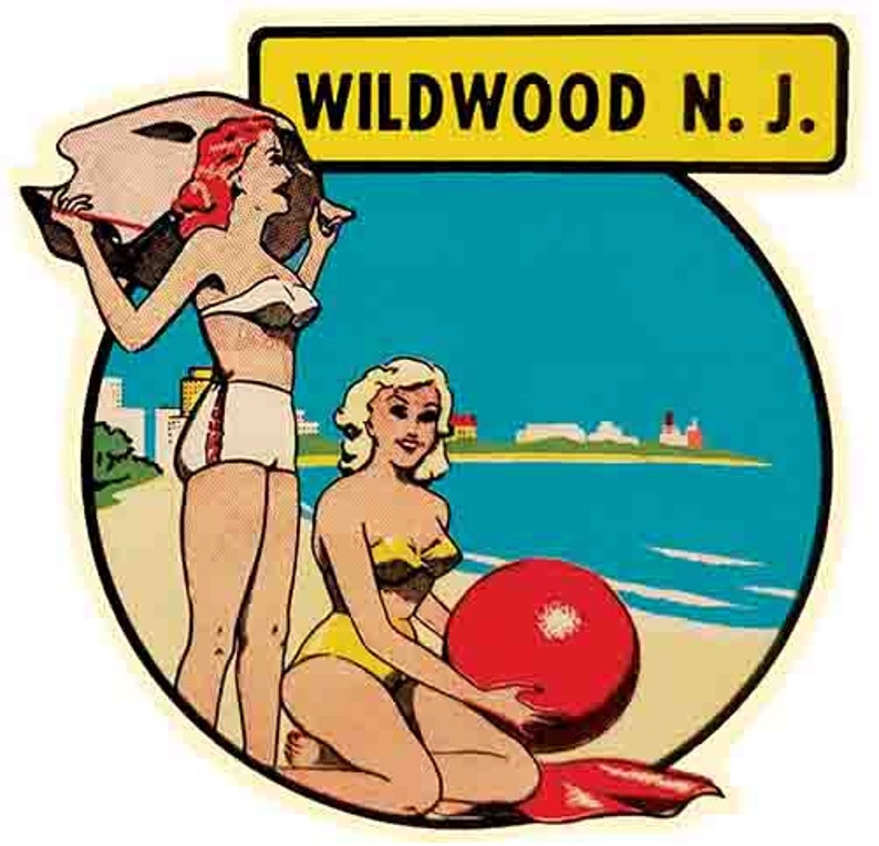 May include: Vintage-style illustration featuring two women in swimwear on a beach with a red ball. The image is set within a blue circle, with a yellow sign at the top that reads "WILDWOOD N.J."