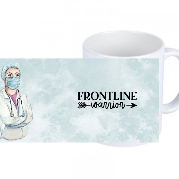 Doctor handle cup white with all around pressure, frontline warrior, doctor's cup, coffee cup, bluish,