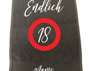 Badetuch, Handtuch, Gästetuch, mit "Endlich 18", Druck zum 18. Geburtstag, mit Namen in Bordüre, Frottier, Geschenkidee zum Geburtstag, Fun