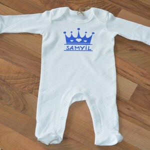 Baby Organic Sleepsuit, Romper, white, crown, name, gift idea for birth, birthday or other occasions, printed with name and crown