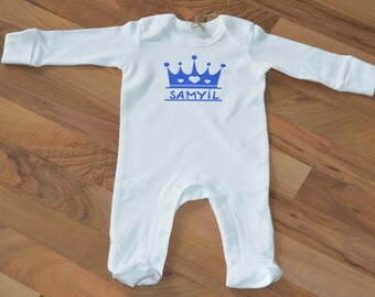 Pelele orgánico para bebé, pelele, blanco, corona, nombre, idea de regalo para nacimiento, cumpleaños u otras ocasiones, estampado con nombre y corona