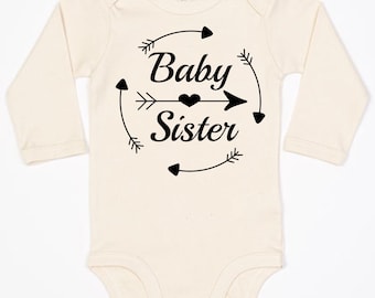 Baby body long sleeve with print, Baby Sister, arrow and heart, arrows in a circle, gift idea, gift tip, organic cotton, design 3