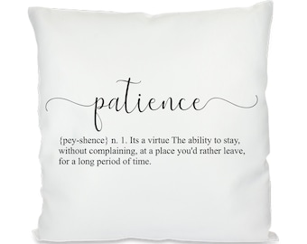 Pillowcase, Cushion with pressure, patience definition, white, satin, 40 x 40 cm, gift tip for all celebrations