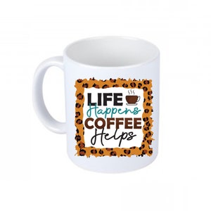 Mug with double-sided print, life happens, coffee helps (english), colorful design, gift idea, gift tip