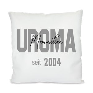 Funda de almohada personalizada "Bisabuela desde", blanco, con estampado, nombres de los niños sobre la bisabuela, satén, año de nacimiento, año, 40 x 40 cm, almohada