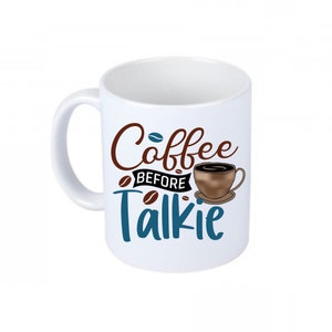 Mug with double-sided print, coffee before the conversation (English), colorful design, gift idea, gift tip
