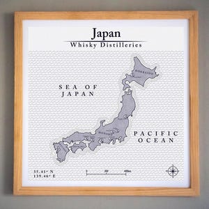 Mapa de destilerías de whisky de Japón (impresión sin marco), formato cuadrado, beige claro y gris