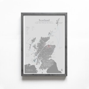 Carte des distilleries de whisky d'Écosse : tons de gris (carte régionale)