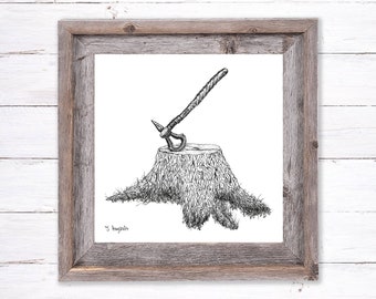 Lumberjack Art, Tree Illustration, Oak Print, Forest Sketch, Wilderness Drawing, Outdoorsman Gift, Log Cabin Interior, Hand Drawn Picture