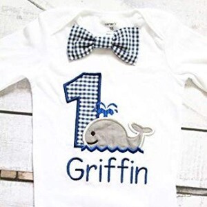 Baby boy first birthday outfit - whale, Navy gingham, embroidered (matching family shirts are available) Applique