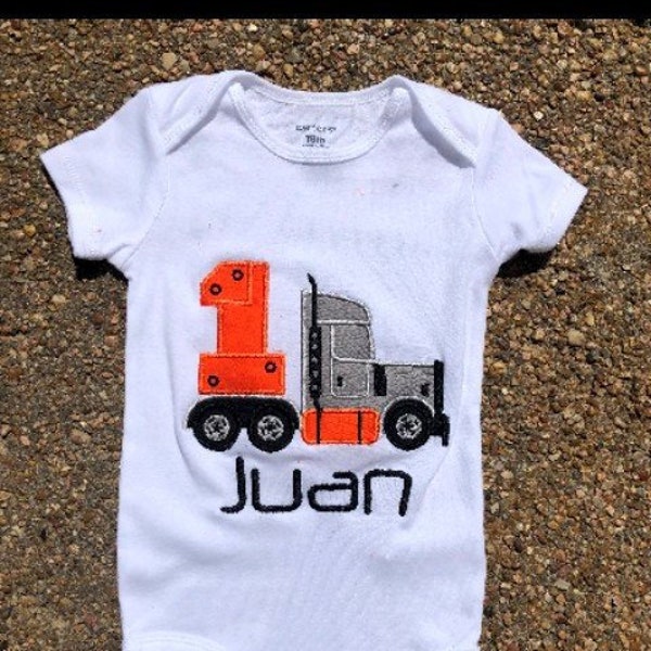 Baby boy first birthday outfit Cake Smash Outfit- 18 wheeler, big truck, big rig, semi, embroidered (matching family shirts are available)